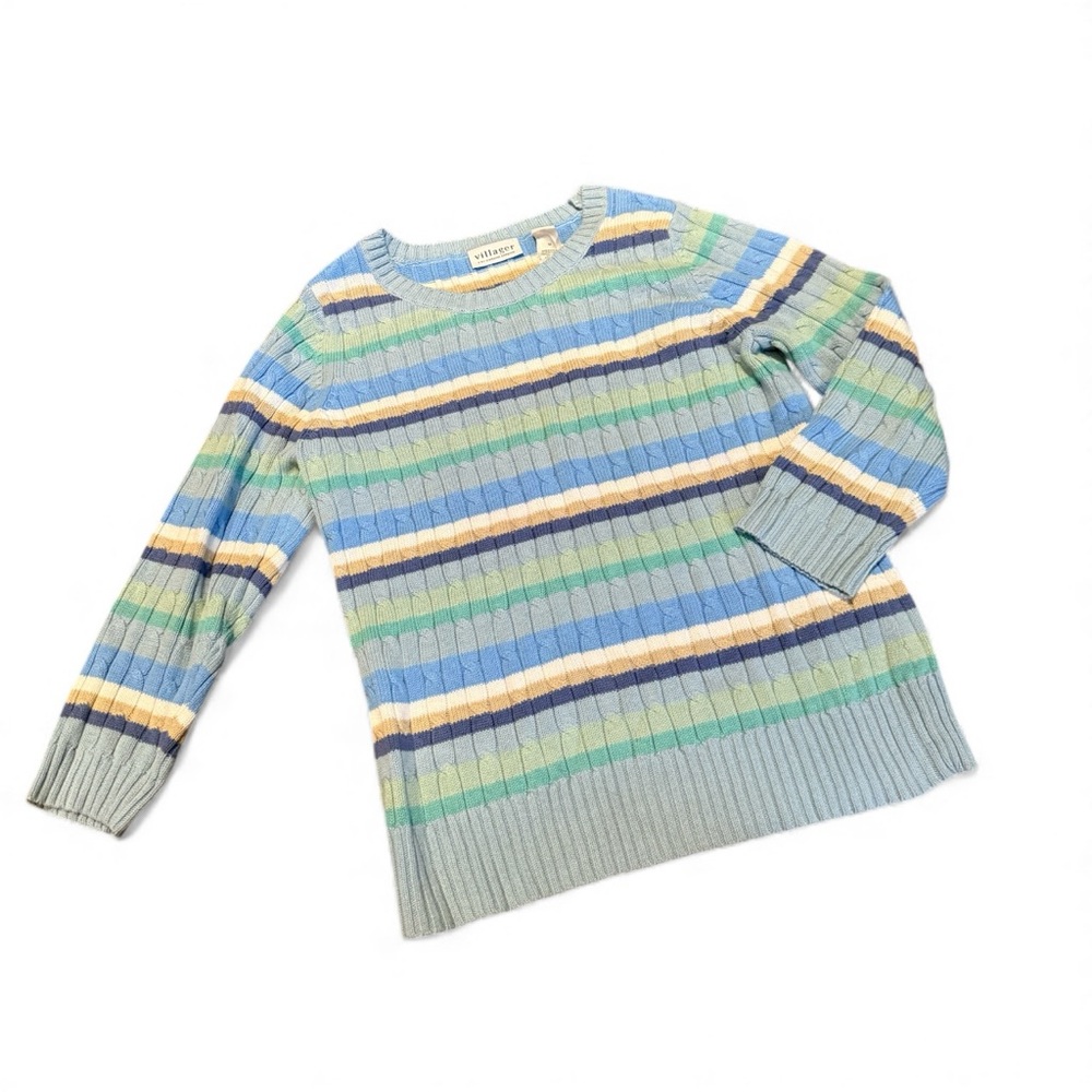 ☮️Vintage Villager Liz Claiborne Sweater M Pastel Striped Knit Cottagecore